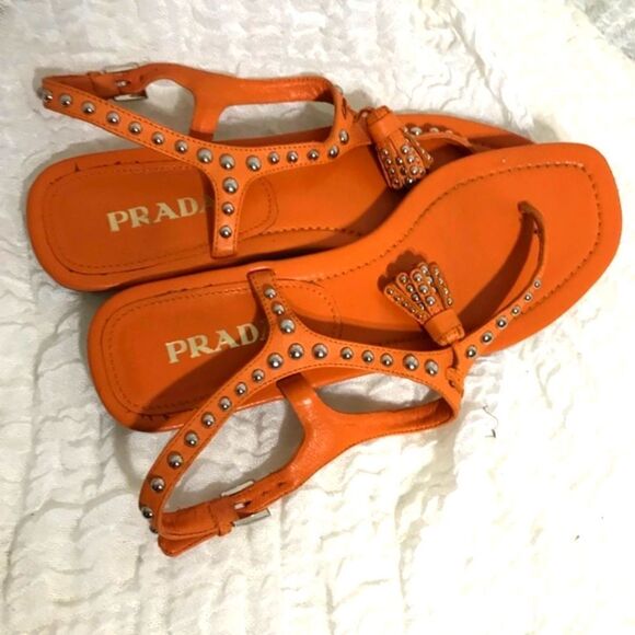 Prada Stud Tassel Orange Leather Sandals Size 38 - Picture 5 of 9